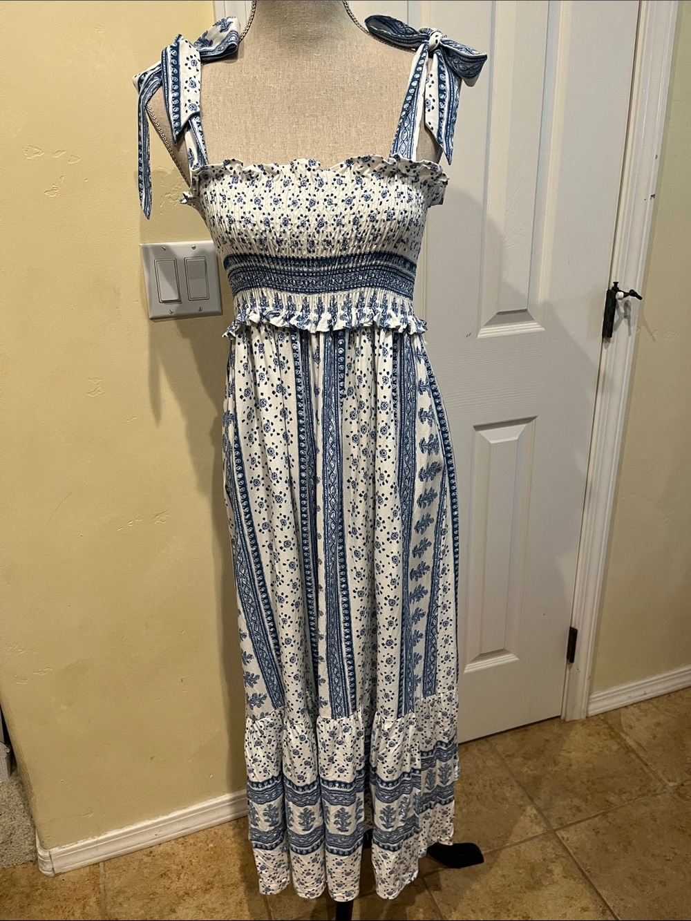 Zara White and Blue Floral Smocked Maxi Dress with Tie Straps
